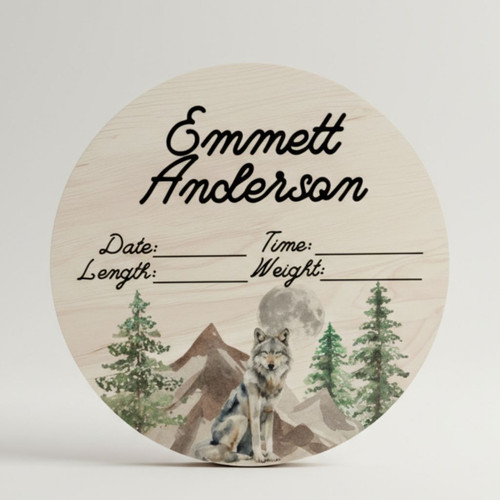 His First Woodland Keepsake Wolf Mountain Round Wood Sign - Personalize Wall Art