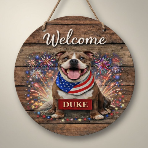 Patriotic Paws USA Anniversary Animal Round Wood Sign - Personalize Wall Art