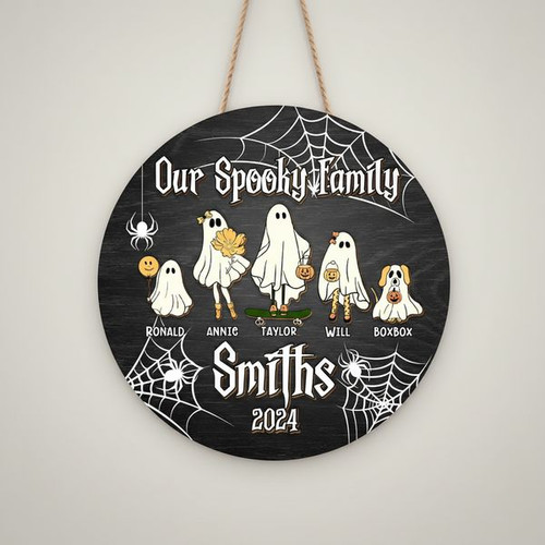 Spooky Ghost Family Custom Halloween Round Wood Sign - Personalize Wall Art