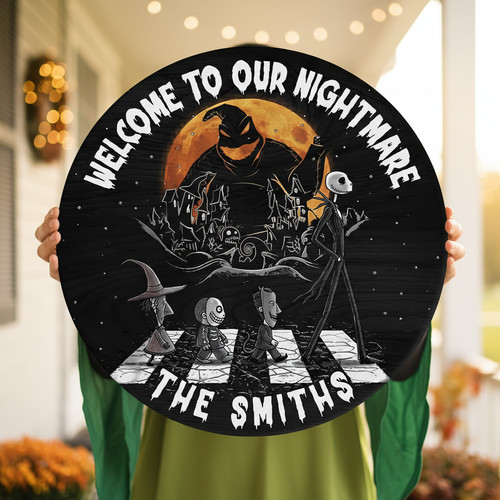 Spooky Nightmare Before Christmas Style Halloween Round Wood Sign - Personalize Wall Art