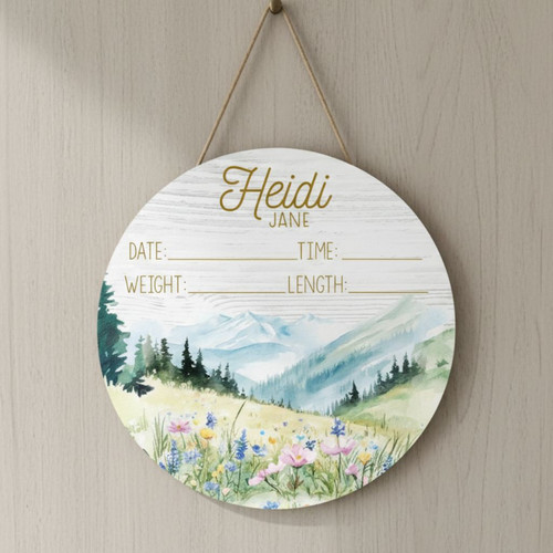 Wildflower Peaks Personalized Mountain Round Wood Sign for Nursery - Personalize Wall Art