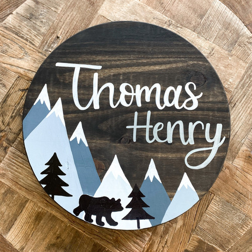 Woodland Bear Custom Mountain Round Wood Sign Nursery Decor - Personalize Wall Art