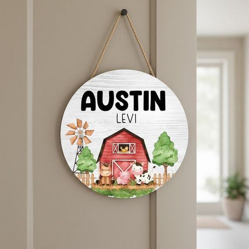 Adorable Personalized Nursery Farm Round Wood Sign - Personalize Wall Art