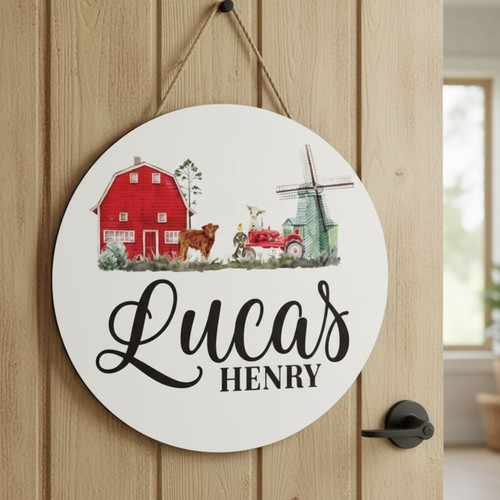 Farm Round Wood Sign for a Sweet Nursery Birth Announcement - Personalize Wall Art
