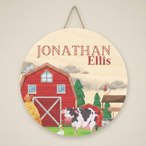 Personalized Nursery Farm Round Wood Sign for Your Baby - Personalize Wall Art