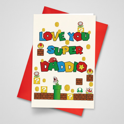 Level Up His Day - Super Daddio Gamer Humor Greeting Card - Father's Day Fun