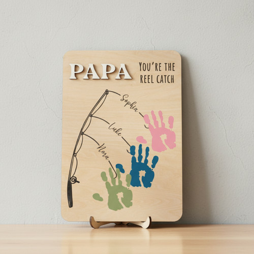 Handmade Fishing Memory Wood Sign - Custom Handprint Art for Dad - Father's Day Fun