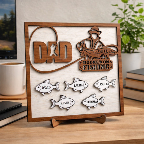 Hooked on Dad Custom Fishing Wood Sign - Family Name Plaque - Father's Day Fun