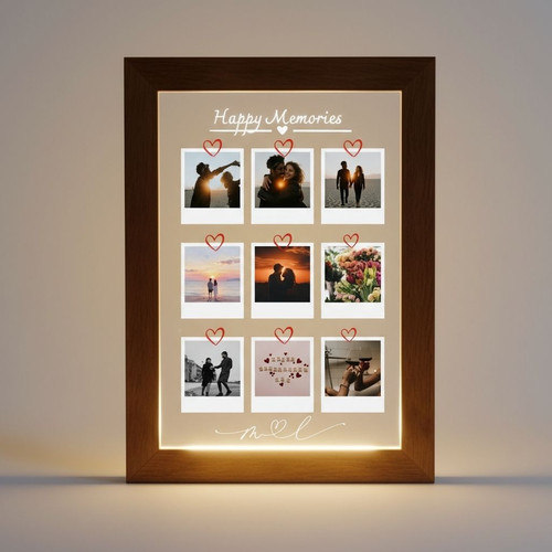 9 Photo Wood Collage Anniversary Memory Photo Frame Lamp - Easessy