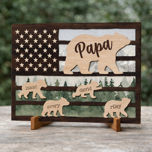 Papa Bear Wood Sign - Custom 3D Engraved Names Gift for Dad - Father's Day Fun