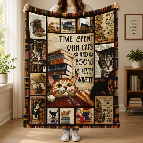 Cats & Books Blanket - Cozy Gift for Cat Loving Readers - Bookorys