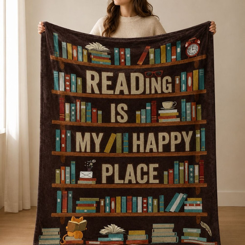 Reading Is My Happy Place Blanket - Literary Gift for Readers - Bookorys