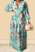 Autumn New Plus Size All-Over Graphic Printing Inelastic V-Neck Stylish Maxi Dress With Belt Sky Blue