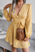 Early Autumn Floral Batch Printing New Stylish V-Neck Lace-Up Loose Chiffon Mini Dress Yellow