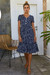 Floral Batch Printing Short-Sleeve Summer New Stylish Buttons Loose Dress Dark Blue