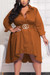 L-4Xl Plus Size Summer New 2 Colors Solid Color Inelastic Turndown Collar Single Breasted Irregular Stylish Casual Midi Dress(Without Belt) Brown