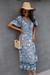 New Style 4 Colors Fashion V-Neck Flowers Batch Printing Laced Loose Dress Blue