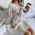 New Stylish Early Autumn Floral Batch Printing V-Neck Lace-Up Casual Chiffon Mini Dress White