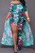 Oversize Flowers Print Stretch Boatneck High Slit Irregular Stylish Dress Green