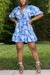 S-2Xl Plus Size Summer New 3 Colors Inelastic Leaf Printing Single-Breasted With Belt Casual Mini Dress Blue