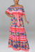 S-2Xl Plus Size Summer New Holiday Style 3 Colors Off The Shoulder Micro-Elastic Shirring Flower Batch Printing Casual Maxi Dress With Belt Red