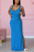 S-2Xl Plus Size Summer New Stylish 3 Colors Solid Color Stretch Sling Frill Crimped Split Casual Maxi Dress Blue
