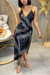 S-2Xl Plus Size Summer New Stylish Stretch Fixed Printing Sling Split Casual Maxi Dress Black