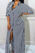 S-2Xl Plus Size Summer New Stylish Two Colors Striped Printing Lapel Short Sleeve With Pocket Button Casual Maxi Dress Black