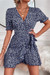 S-2Xl Summer New Plus Size 3 Colors Floral Printing Inelastic V-Neck Tie-Waist Ruffle Stylish Vacation Style Mini Dress Dark Blue
