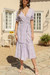 S-2Xl Summer New Plus Size 4 Colors Flower Batch Printing Inelastic Chiffon V-Neck Tie-Waist Stylish Vacation Bohemia Style Midi Dress Purple