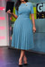 S-3Xl Plus Size New 5 Colors Solid Color Micro-Elastic Crew Neck Nipped Waist Pleated Stylish Classic Midi Dress(With Belt) Sky Blue