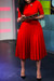 S-3Xl Plus Size New 5 Colors Solid Color Micro-Elastic Crew Neck Nipped Waist Pleated Stylish Classic Midi Dress(With Belt) Red