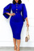 S-3Xl Plus Size Spring & Summer New Solid Color Stretch Trumpet Sleeve Turndown Collar Single Breasted Tie-Waist Zip-Up Slim Stylish Simple Midi Dress(With Belt) Blue