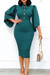 S-3Xl Plus Size Spring & Summer New Solid Color Stretch Trumpet Sleeve Turndown Collar Single Breasted Tie-Waist Zip-Up Slim Stylish Simple Midi Dress(With Belt) Green
