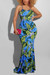S-5Xl Summer New Stylish Five Colors Leaf Flower Printing Backless Lace-Up Stretch Slim Sexy Maxi Dress Green