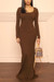 Spring & Autumn New 4 Colors Solid Color Stretch Long Sleeves Slim Stylish Maxi Dress Brown