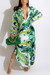 Spring New Stylish Two Colors Inelastic Batch Printing Single-Breasted Long Sleeves Split Loose Casual Maxi Dress Green
