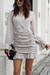 Spring Two Colors Floral Printing Inelastic Chiffon V-Neck Shirring Stylish Vacation Style Mini Dress Beige