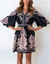 Summer Ethnic Vintage Style Elbow Lantern Sleeves V-Neckline Fixed Printing Non-Elastic Various Patterns Plus Size Casual Mini Dress Black
