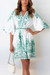 Summer Ethnic Vintage Style Elbow Lantern Sleeves V-Neckline Fixed Printing Non-Elastic Various Patterns Plus Size Casual Mini Dress Green