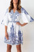Summer Ethnic Vintage Style Elbow Lantern Sleeves V-Neckline Fixed Printing Non-Elastic Various Patterns Plus Size Casual Mini Dress Blue