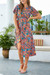Summer New 3 Colors Chiffon Floral Batch Printing Micro-Elastic Crew Neck Hollow Backless Shirring Swing Stylish Retro Midi Dress Orange