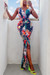Summer New 3 Colors Flower Batch Printing Sling V-Neck Slim Micro-Elastic Slit Sexy Maxi Dress Dark Blue
