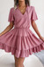 Summer New 3 Colors Solid Color Micro Elastic Ruffle Short Sleeves Lace-Up V-Neck Casual Mini Dress Pink