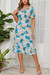 Summer New 4 Colors Chiffon Floral Batch Printing Micro-Elastic V Neck Nipped Waist Smocked Swing Stylish Holiday Midi Dress Sky Blue