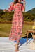 Summer New 4 Colors Floral Batch Printing Stretch Smoked Nipped Waist Stylish Retro Holiday Midi Dress Watermelon Red
