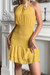 Summer New 4 Colors Solid Color Micro-Elastic Halter-Neck Smocked Ruffle Lace Up Stylish Classic Mini Dress Yellow