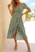 Summer New Plus Size Chiffon Floral Batch Printing Micro-Elastic V-Neck Ruffle Irregular Stylish Retro Midi Dress(With Belt) Green