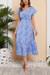 Summer New Plus Size Chiffon Floral & Leaf Batch Printing Micro-Elastic V Neck Nipped Waist Smocked Ruffle Swing Stylish Bohemian Holiday Midi Dress Blue