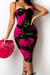 Summer New Plus Size Two Colors Flower Batch Printing See Through Mesh Stretch Adjustable Straps Ruched Sexy Bodycon Midi Dress (Without Lining) Magenta